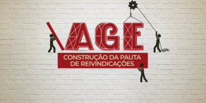 Ilustração com pictogramas construindo a palavra AGE (Assembleia Geral Extraordinária) aludindo à uma participação coletiva da categoria, logo abaixo está um bloco com o objetivo do evento, que é a construção de uma pauta de reivindicações.