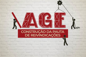 Ilustração com pictogramas construindo a palavra AGE (Assembleia Geral Extraordinária) aludindo à uma participação coletiva da categoria, logo abaixo está um bloco com o objetivo do evento, que é a construção de uma pauta de reivindicações.