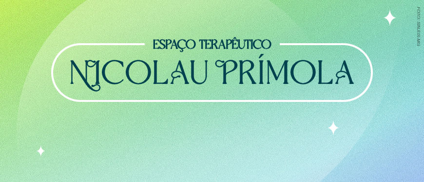 Imagem Acessível: A imagem apresenta uma arte em tons de verde e azul, com a identidade visual do Espaço Terapêutico Nicolau Prímola. Conteúdo textual: SINJUS promove Espaço Nicolau Prímola com sorteio de vouchers. Participe!