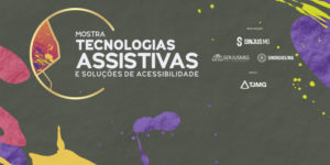 A imagem apresenta a identidade visual da Mostra Tecnologias Assistivas e Soluções de Acessibilidade, com fundo escuro e elementos gráficos coloridos. Em destaque, o texto “Retire o seu ingresso para o Ciclo de Debates sobre direitos das pessoas com deficiência”. Na parte inferior, aparecem as marcas das entidades realizadoras SINJUS-MG, SERJUSMIG e SINDOJUS/MG, com apoio do TJMG.