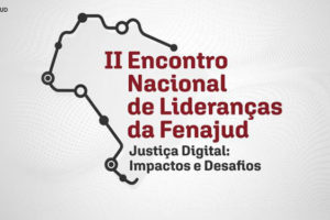 Logo do evento II Encontro Nacional de Lideranças da Fenajud, nela há o contorno de parte do mapa do Brasil, com pontos assinalados, simbolizando cidades de várias regiões do país.
