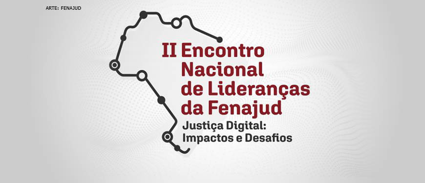 Logo do evento II Encontro Nacional de Lideranças da Fenajud, nela há o contorno de parte do mapa do Brasil, com pontos assinalados, simbolizando cidades de várias regiões do país.