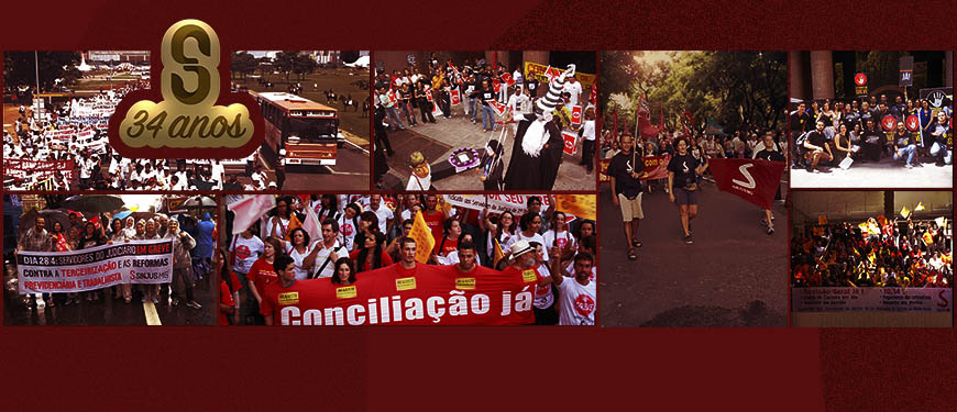 Mosaico de imagens documentais de manifestações pela recomposição salarial e outras reivindicações dos servidores do TJMG. Junto delas, há também imagens de dirigentes e servidores em protestos contra as reformas trabalhista e previdenciária, em Brasília e nas ruas de Belo Horizonte. Conteúdo textual: 34 ANOS - DIREITOS E BENEFÍCIOS DOS SERVIDORES SÃO RESULTADO DAS LUTAS DO SINJUS.