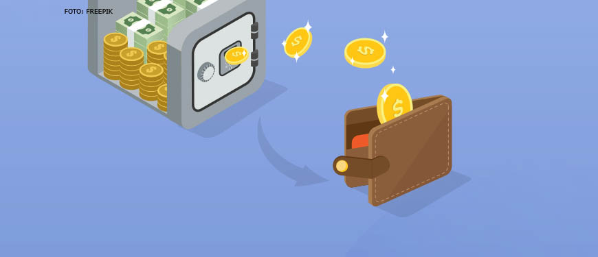 Ilustração digital com a imagem de um cofre que devolve moedas para uma carteira.