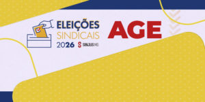 A imagem apresenta uma arte institucional e informativa sobre as Eleições Sindicais 2026 do SINJUS-MG. A arte combina tons de amarelo, azul e vermelho, transmitindo seriedade e destaque. No topo, há um ícone de uma mão depositando um voto na urna, simbolizando a democracia sindical.