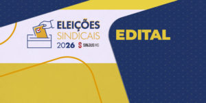 A imagem anuncia as Eleições Sindicais 2026 do SINJUS-MG, com um visual limpo e institucional em tons de azul, amarelo e branco. No centro, o destaque é o ícone de uma mão depositando um voto na urna, representando a democracia e a participação sindical. O texto informa de forma direta e objetiva: “Edital no site”, orientando os filiados a acessarem o portal do SINJUS-MG para conferir os detalhes do processo eleitoral.