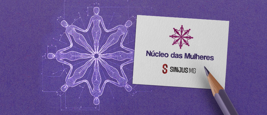 Convite para o primeiro encontro do ano do Núcleo das Mulheres (NM) do SINJUS-MG, no topo há um chamado “Venha construir um NM mais plural!” O fundo é roxo e com elementos gráficos em tons claros de lilás. No centro, há uma ilustração de figuras femininas interligadas em círculo, no estilo de um esboço. O evento será no dia 9 de fevereiro (segunda-feira), às 19h, no Espaço Lea Leda (Av. João Pinheiro, 39 – 10º andar). A mensagem final incentiva o engajamento: “Participe e traga suas ideias!”
