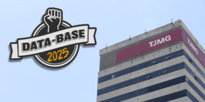 A imagem mostra o prédio do TJMG, sob um céu azul claro. Sobre a foto, há um destaque selo estilizado com um punho cerrado erguido e a inscrição "DATA-BASE 2025", simbolizando mobilização e luta sindical por direitos dos servidores. A imagem transmite urgência e reivindicação.