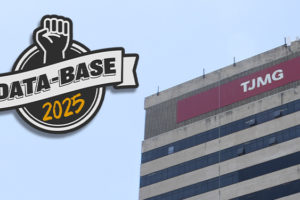 A imagem mostra o prédio do TJMG, sob um céu azul claro. Sobre a foto, há um destaque selo estilizado com um punho cerrado erguido e a inscrição "DATA-BASE 2025", simbolizando mobilização e luta sindical por direitos dos servidores. A imagem transmite urgência e reivindicação.