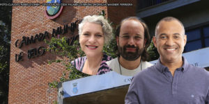 Montagem digital com a entrada da Câmara Municipal de Belo Horizonte ao fundo. Em destaque há a imagem de 3 pessoas, a primeira é uma mulher branca de cabelos curtos, grisalhos e cacheados (Cida Falabella); a segunda pessoa é um homem branco, calvo, de cabelos castanhos longos e de barba curta (Bruno Pedralva), em terceiro está um homem negro, calvo e de cabelos grisalhos (Wagner Ferreira). Conteúdo textual: Renovação - A partir de 2023, Câmara de BH recebe três novos vereadores progressistas