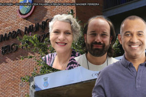 Montagem digital com a entrada da Câmara Municipal de Belo Horizonte ao fundo. Em destaque há a imagem de 3 pessoas, a primeira é uma mulher branca de cabelos curtos, grisalhos e cacheados (Cida Falabella); a segunda pessoa é um homem branco, calvo, de cabelos castanhos longos e de barba curta (Bruno Pedralva), em terceiro está um homem negro, calvo e de cabelos grisalhos (Wagner Ferreira). Conteúdo textual: Renovação - A partir de 2023, Câmara de BH recebe três novos vereadores progressistas