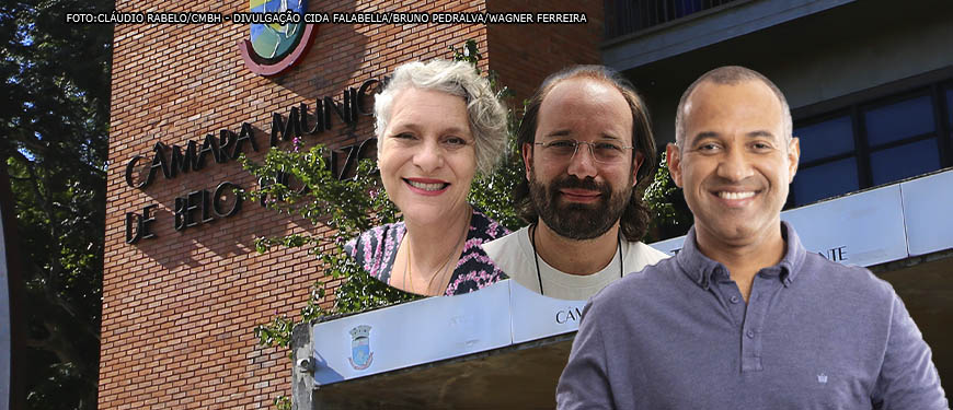 Montagem digital com a entrada da Câmara Municipal de Belo Horizonte ao fundo. Em destaque há a imagem de 3 pessoas, a primeira é uma mulher branca de cabelos curtos, grisalhos e cacheados (Cida Falabella); a segunda pessoa é um homem branco, calvo, de cabelos castanhos longos e de barba curta (Bruno Pedralva), em terceiro está um homem negro, calvo e de cabelos grisalhos (Wagner Ferreira). Conteúdo textual: Renovação - A partir de 2023, Câmara de BH recebe três novos vereadores progressistas