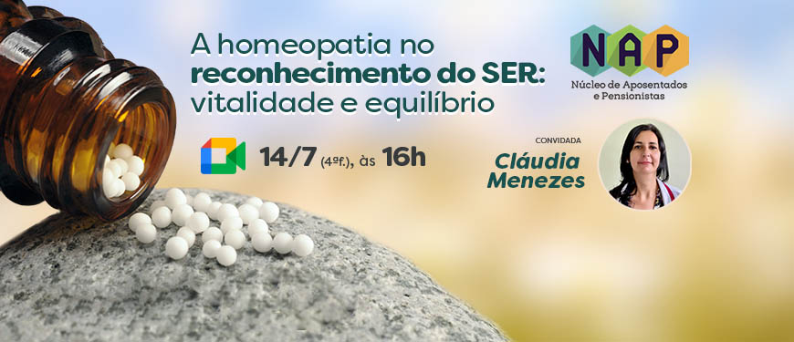 Em primeiro plano há um frasco que deposita glóbulos homeopáticos sobre uma pedra, no fundo há uma paisagem desfocada. Dentro de um círculo há a imagem da palestrante convidada (Cláudia Menezes), uma mulher branca de cabelos castanhos e longos.