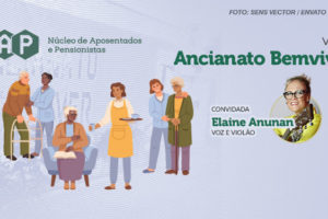 A imagem é um banner promocional para uma visita ao Ancianato Bemviver, organizada pelo Núcleo de Aposentados e Pensionistas (NAP). À esquerda, há uma ilustração de seis pessoas idosas, algumas sentadas e outras de pé, interagindo entre si. Eles estão vestidos de forma casual e parecem estar em um ambiente amigável e acolhedor. À direita, está escrito "Visita Ancianato Bemviver" em verde. Abaixo do texto, há uma pequena foto circular de Elaine Anunan, acompanhada do texto "Convidada Elaine Anunan - Voz e Violão".