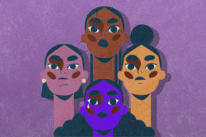 Imagem com fundo lilás onde à frente vê-se quatro mulheres com semblante sério, onde uma delas está com uma lágrima caindo pelo seu rosto. Texto Descritivo: CULTURA DA CULPA CASOS DE VIOLÊNCIA CONTRA A MULHER SÃO SUBNOTIFICADOS NO BRASIL