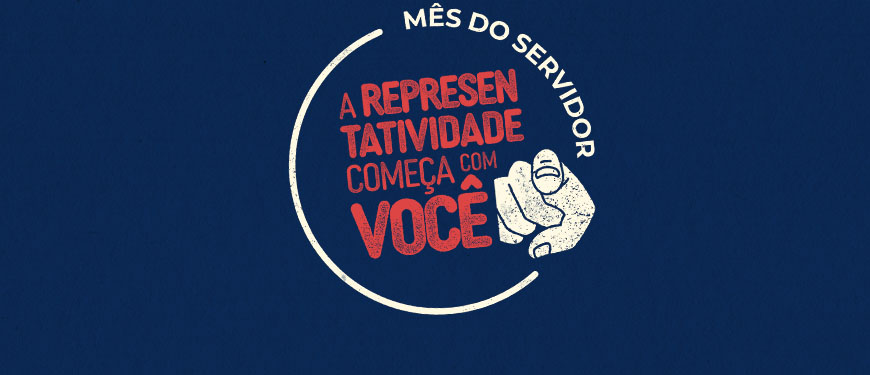 Imagem Acessível: Fundo azul-escuro, com composição gráfica em vermelho e branco com a frase "Mês do Servidor - A representatividade começa com você”, acompanhada de uma ilustração de um dedo apontando para a frente. Conteúdo textual: Valorização - SINJUS promove campanha e sorteio especial em celebração ao Mês do Servidor.