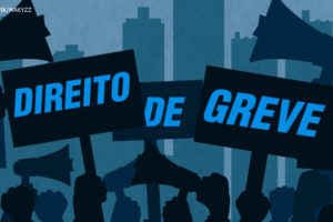 Silhueta de multidão em protesto, com cartazes e megafones, 3 cartazes em sequência trazem o texto "Direito de Greve"