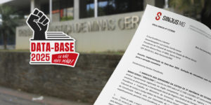 A imagem mostra ao fundo o prédio do Tribunal de Justiça de Minas Gerais levemente desfocado, visto de frente. Sobre a imagem, há o texto informando em destaque: “SINJUS cobra implementação da Data-Base 2025 e pagamento de retroativos”. Também aparece o selo da Data-Base 2025, com um ícone de punho erguido com a frase “Data-base 2025 – Eu não abro mão!” e a imagem do ofício enviado ao TJMG.