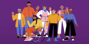 Ilustração colorida sobre fundo roxo mostrando um grupo diverso de oito pessoas acenando. As pessoas têm diferentes tons de pele, estilos de roupa, idades e expressões de gênero. Uma delas está em uma cadeira de rodas, outra usa hijab, e há variedade de roupas e cortes de cabelo, simbolizando inclusão e diversidade.