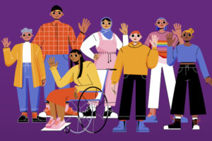 Ilustração colorida sobre fundo roxo mostrando um grupo diverso de oito pessoas acenando. As pessoas têm diferentes tons de pele, estilos de roupa, idades e expressões de gênero. Uma delas está em uma cadeira de rodas, outra usa hijab, e há variedade de roupas e cortes de cabelo, simbolizando inclusão e diversidade.