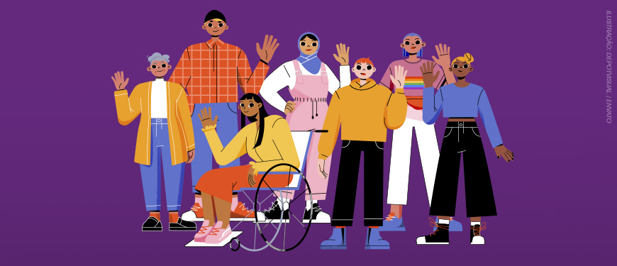 Ilustração colorida sobre fundo roxo mostrando um grupo diverso de oito pessoas acenando. As pessoas têm diferentes tons de pele, estilos de roupa, idades e expressões de gênero. Uma delas está em uma cadeira de rodas, outra usa hijab, e há variedade de roupas e cortes de cabelo, simbolizando inclusão e diversidade.