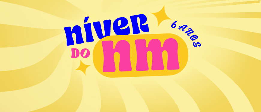 Imagem acessível: A imagem colorida em tons de amarelo, rosa e azul divulga o aniversário de 6 anos do Núcleo das Mulheres. No topo, o texto “Níver do NM, 6 anos” aparece em destaque com estilo vibrante e festivo. Ao centro, são informados a data e horário do evento, “sábado, 30/5, às 15h”, e o local “O Muringueiro, localizado na Rua Juacema, 416, Graça, em Belo Horizonte”. Um quadro lateral anuncia “música ao vivo e comida boa!”. Na parte inferior, o convite informa que as vagas são limitadas e que as inscrições devem ser feitas pelo formulário, junto aos logotipos do SINJUS MG e do Núcleo das Mulheres.