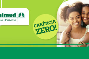 Card promocional com fundo verde e branco. No topo, o logotipo da Unimed Belo Horizonte. À direita, há a foto de duas mulheres negras sorridentes, uma abraçando a outra.