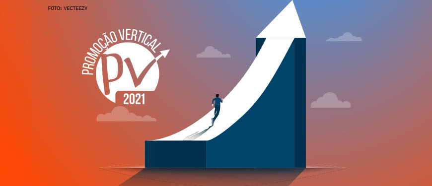 Ilustração de um homem correndo ao longo de uma seta com movimento ascendente. Ao fundo, há nuvens brancas sobre um gradiente em tons de laranja e azul. Do lado esquerdo, há um selo onde se lê "Promoção Vertical 2021".