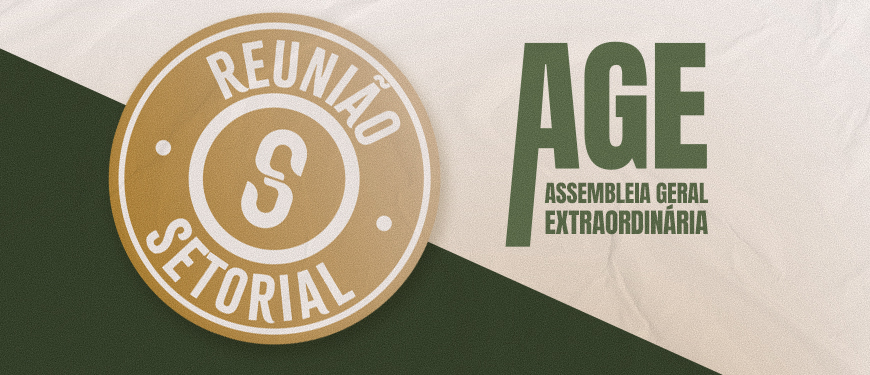 Banner da Reunião Setorial do SINJUS. À esquerda, um selo circular dourado com a inscrição “Reunião Setorial” e a letra “S” ao centro. À direita, em destaque, a sigla “AGE” em verde, acompanhada do texto “Assembleia Geral Extraordinária”. O fundo é composto por formas geométricas em tons de verde escuro, dourado e bege.