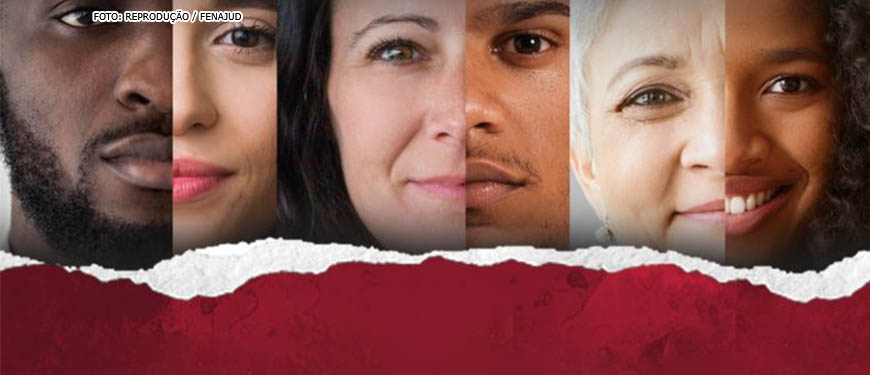 Em um fundo vermelho há um mosaico de pessoas de diversas etnias e gêneros, os rostos aparecem em cortes longitudinais e aos pares eles se fundem, em uma metáfora da importância dos indivíduos para a transformação da coletividade.
