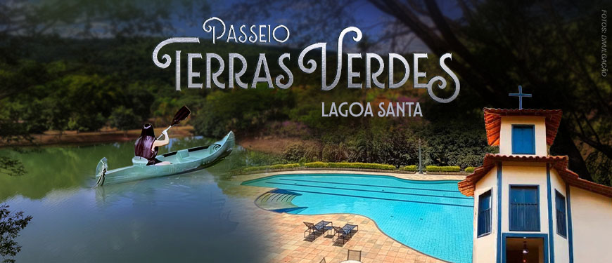 Imagem Acessível: Ao fundo, há uma paisagem natural com um lago de águas esverdeadas cercado por árvores e vegetação. Sobre o lago, uma pessoa aparece remando sozinha em um caiaque azul-claro. Na parte inferior, há a imagem de uma piscina de águas azul-turquesa e, à direita, um pequeno prédio branco com detalhes em azul e telhado de cerâmica, semelhante a uma capela. Conteúdo textual: Passeio -Terras Verdes - Lagoa Santa. 15/10 (quinta-feira) e saída às 6h. Desconecte-se da rotina e aproveite um dia de tranquilidade em meio à natureza. Vagas limitadas! Inscreva-se pelo formulário.