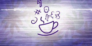 Imagem com fundo em tons de roxo e branco, com textura de linhas horizontais e efeito de interferência digital. No centro, há uma ilustração minimalista em traços roxos de uma xícara de café fumegante, cercada por desenhos de uma caveira, um raio, símbolos de exclamação, uma nuvem e outros elementos gráficos. A composição apresenta um estilo descontraído, com aparência de rabiscos feitos à mão.