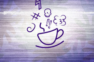 Imagem com fundo em tons de roxo e branco, com textura de linhas horizontais e efeito de interferência digital. No centro, há uma ilustração minimalista em traços roxos de uma xícara de café fumegante, cercada por desenhos de uma caveira, um raio, símbolos de exclamação, uma nuvem e outros elementos gráficos. A composição apresenta um estilo descontraído, com aparência de rabiscos feitos à mão.