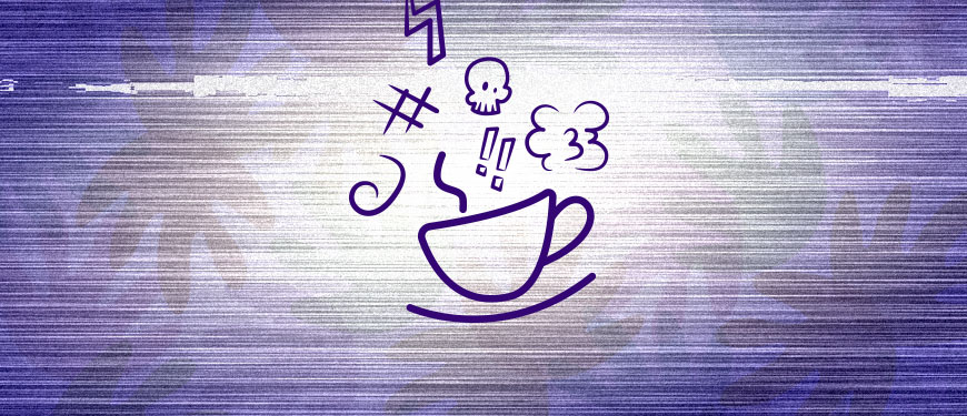 Imagem com fundo em tons de roxo e branco, com textura de linhas horizontais e efeito de interferência digital. No centro, há uma ilustração minimalista em traços roxos de uma xícara de café fumegante, cercada por desenhos de uma caveira, um raio, símbolos de exclamação, uma nuvem e outros elementos gráficos. A composição apresenta um estilo descontraído, com aparência de rabiscos feitos à mão.