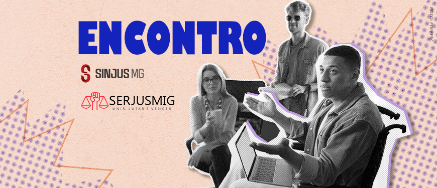 Imagem Acessível: A imagem divulga o Encontro dos servidores com deficiência do TJ, promovido pelo SINJUS-MG e pelo SERJUSMIG. O encontro está marcado para 19/3 (quarta-feira), às 15h, no Espaço Lea Leda, convidando à participação e ao fortalecimento da pauta das pessoas com deficiência no âmbito do Tribunal de Justiça. A imagem traz ao fundo uma foto de três pessoas em momento de diálogo, com destaque para um servidor cadeirante, ao lado de um servidor cego e outra servidora com cordão no pescoço com ilustrações de quebra-cabeça simbolizando autismo, reforçando a temática da inclusão e acessibilidade. O design utiliza cores vibrantes e elementos gráficos modernos para chamar atenção ao evento.
