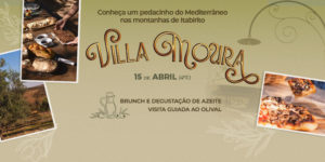 Imagem Acessível: Imagem em tons bege, verde oliva e tons terrosos divulgando um passeio chamado na Villa Moura, em Itabirito. Há fotos sobrepostas mostrando uma mesa com pães e café, um olival e uma pizza. Conteúdo textual: Conheça um pedacinho do Mediterrâneo nas montanhas de Itabirito - Villa Moura - 15 de abril (quarta-feira) - Brunch e degustação de azeite + visita guiada ao olival.