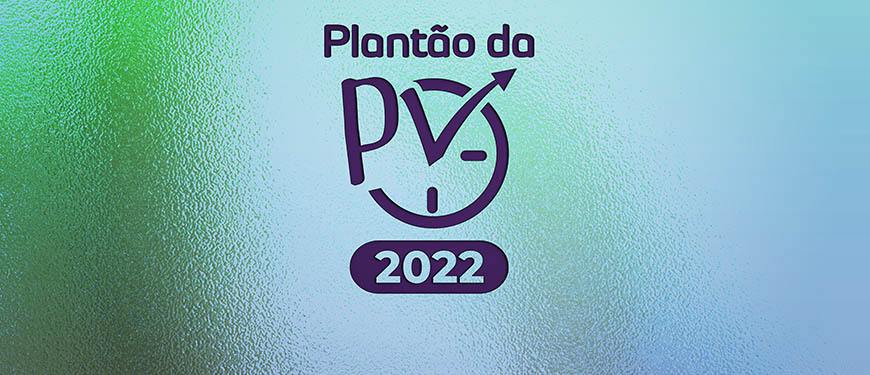 ImagemAcessível Imagem de fundo em tons verdes e em destaque a marca, em roxo, do Plantão da PV 2022.