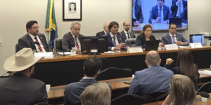 A imagem mostra uma audiência pública no plenário de uma comissão parlamentar, com a presença de parlamentares e representantes de entidades.