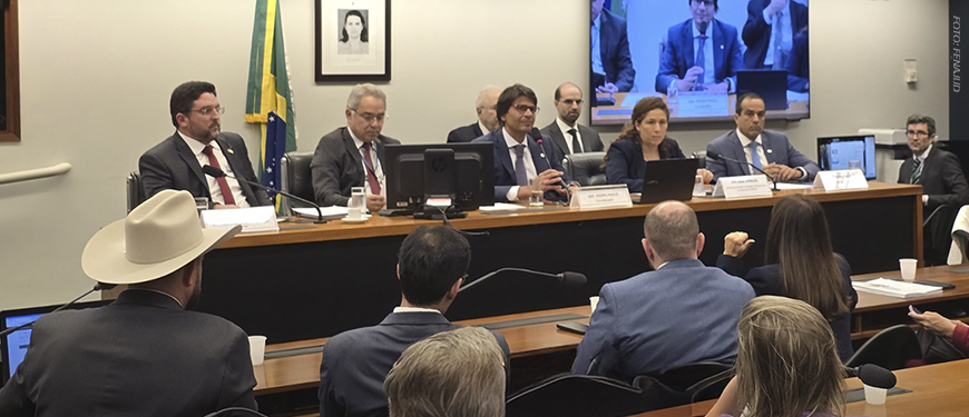 A imagem mostra uma audiência pública no plenário de uma comissão parlamentar, com a presença de parlamentares e representantes de entidades.