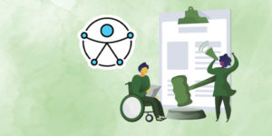 Imagem Acessível: A imagem divulga o Seminário da EJEF sobre acessibilidade e inclusão no Judiciário, realizado no contexto da campanha Setembro Acessível pelo TJMG. A ilustração mostra uma pessoa em cadeira de rodas com um documento nas mãos e outra figura falando em um megafone, diante de um grande martelo de juiz e de um clipboard. Os elementos visuais reforçam o debate sobre inclusão de pessoas com deficiência no sistema de Justiça.