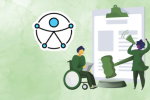 Imagem Acessível: A imagem divulga o Seminário da EJEF sobre acessibilidade e inclusão no Judiciário, realizado no contexto da campanha Setembro Acessível pelo TJMG. A ilustração mostra uma pessoa em cadeira de rodas com um documento nas mãos e outra figura falando em um megafone, diante de um grande martelo de juiz e de um clipboard. Os elementos visuais reforçam o debate sobre inclusão de pessoas com deficiência no sistema de Justiça.