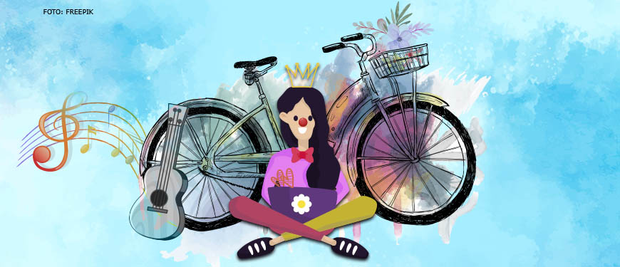 Ilustração de uma mulher vestida de palhaça, com roupa bem colorida, sentada diante de uma bicicleta com flores no cestinho e um ukulele de cordas coloridas apoiado na roda traseira. O fundo da imagem é de um céu azul, com uma pauta de notas musicais coloridas. Conteúdo textual: ARTIGO - Caso Julieta: reflexões sobre a vulnerabilidade das mulheres ciclistas.