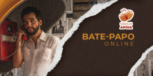 Imagem acessível: A imagem divulga o convite ao bate-papo online sobre o filme “O Agente Secreto”, com apoio do SINJUS MG, que ocorrerá no dia 14/3 (sábado), às 15h. A arte de fundo apresenta o cartaz recortado de divulgação do filme, com a cena do ator Wagner Moura falando ao telefone orelhão, em ambientação de suspense e investigação, reforçando o tema da obra. A identidade visual destaca o selo “SINJUS Apoia”, evidenciando o apoio institucional à atividade cultural.