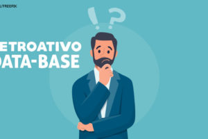 Ilustração de homem de pele clara usando roupa social, em sua face uma expressão de dúvida, acima de sua cabeça símbolos de exclamação e interrogação e a sua esquerda o conteúdo textual "Retroativo Data-Base".