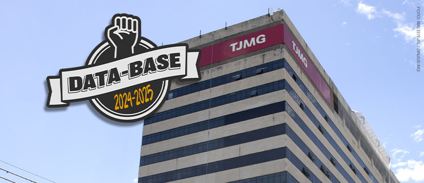 Logotipo da campanha Data-Base 2024-2025 com punho cerrado acima de faixa estilizada, sobreposto à fachada do edifício-sede do Tribunal de Justiça de Minas Gerais (TJMG), em Belo Horizonte, com céu azul ao fundo. Foto: SINJUS-MG.