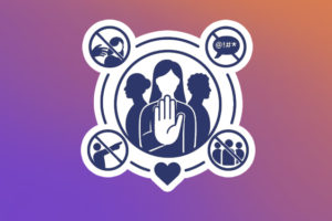 Imagem acessível: A imagem com fundo em degradê roxo e laranja traz ilustração central de pessoas ao redor de um símbolo de proteção, acompanhada de ícones que representam combate à violência, discriminação e assédio. No topo lê-se “Atuação”. O texto principal informa: “TJMMG promove Semana de Combate ao Assédio e à Discriminação”.