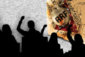 Sob um fundo cinza, a imagem mostra uma bola de demolição rotulada com RRF destruindo uma parede contendo a imagem da bandeira de Minas Gerais, enquanto uma multidão de silhuetas levanta os braços em forma de protesto. A parede está rachada e quebrada, sugerindo que está sendo demolida.