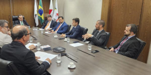 A imagem mostra várias pessoas sentadas ao redor de uma mesa de reuniões retangular, em ambiente formal. No fundo, há bandeiras do Brasil, de Minas Gerais e do TJMG. Algumas pessoas fazem anotações, enquanto outras escutam atentamente.