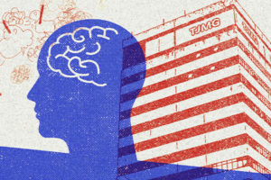 A composição combina a ilustração do prédio do Tribunal com a silhueta de uma cabeça e um cérebro, além de traços que remetem a tensão e confusão mental.