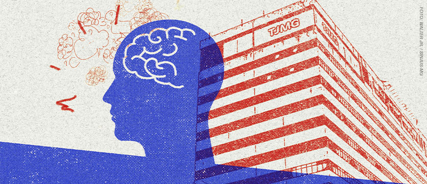 A composição combina a ilustração do prédio do Tribunal com a silhueta de uma cabeça e um cérebro, além de traços que remetem a tensão e confusão mental.